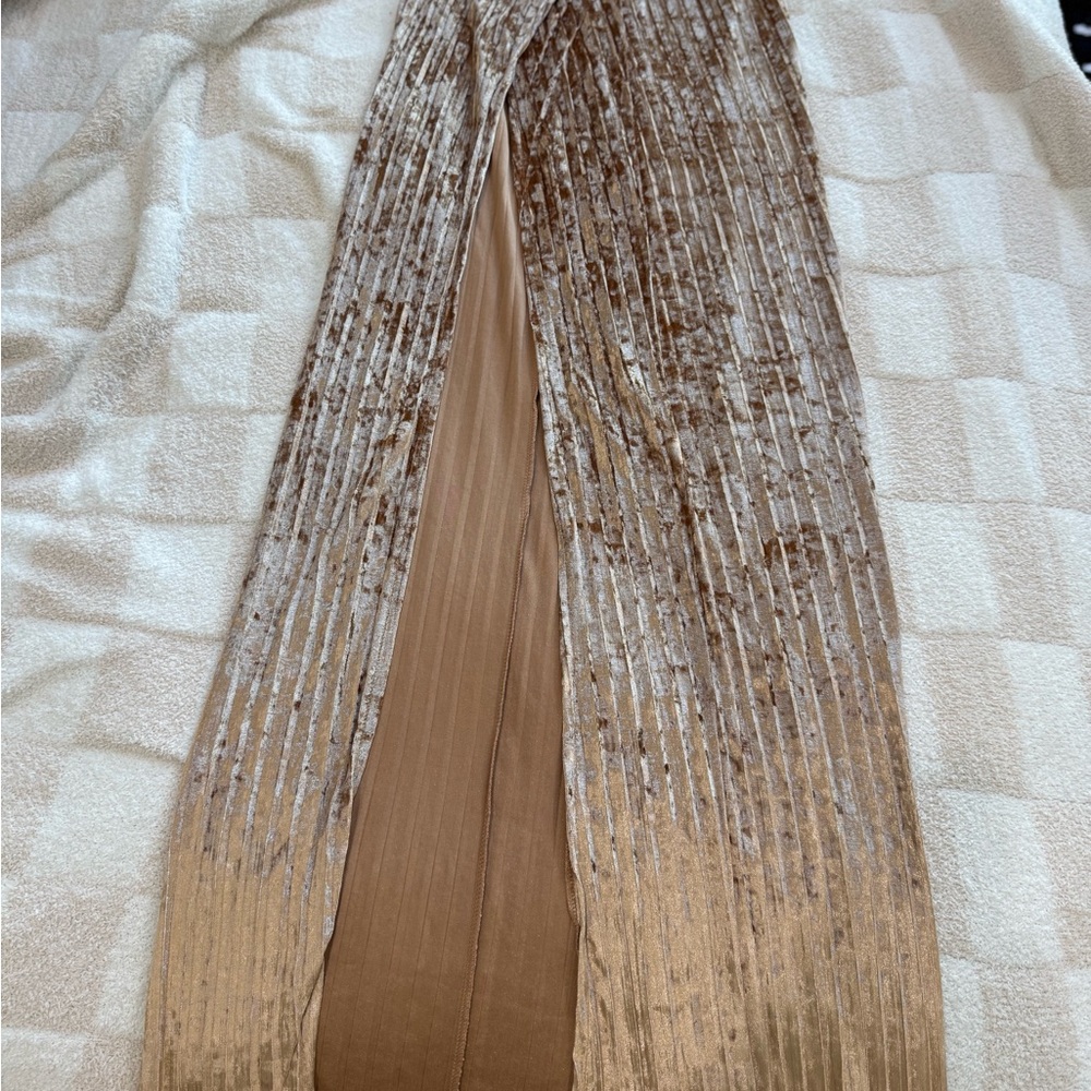 Velvet Pleated Maxi Skirt in Brown and Tan